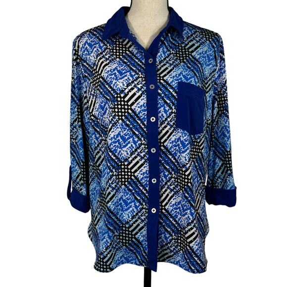 Nygard Petite Large Top Button-Up Hi-Low Hem Stretch 3/4 Sleeve Collared Blue - Picture 1 of 8